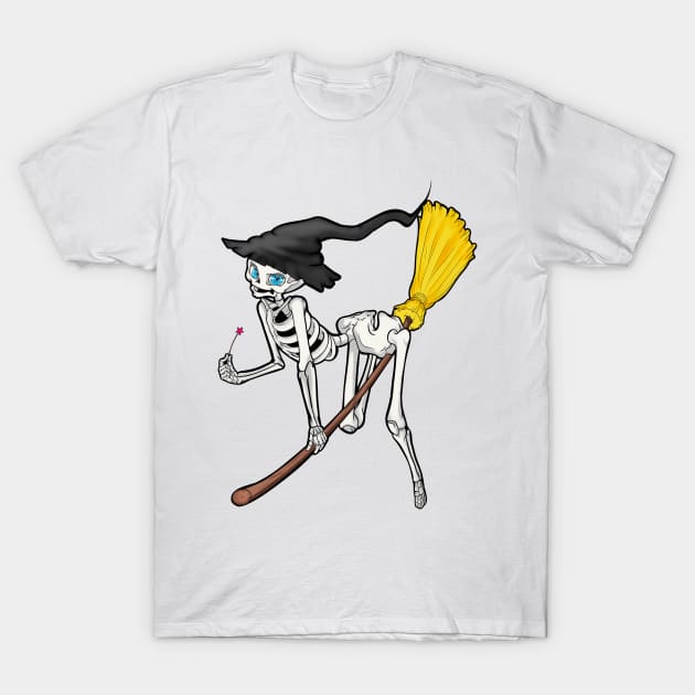 Skeleton witch on broom T-Shirt by JackDraws88